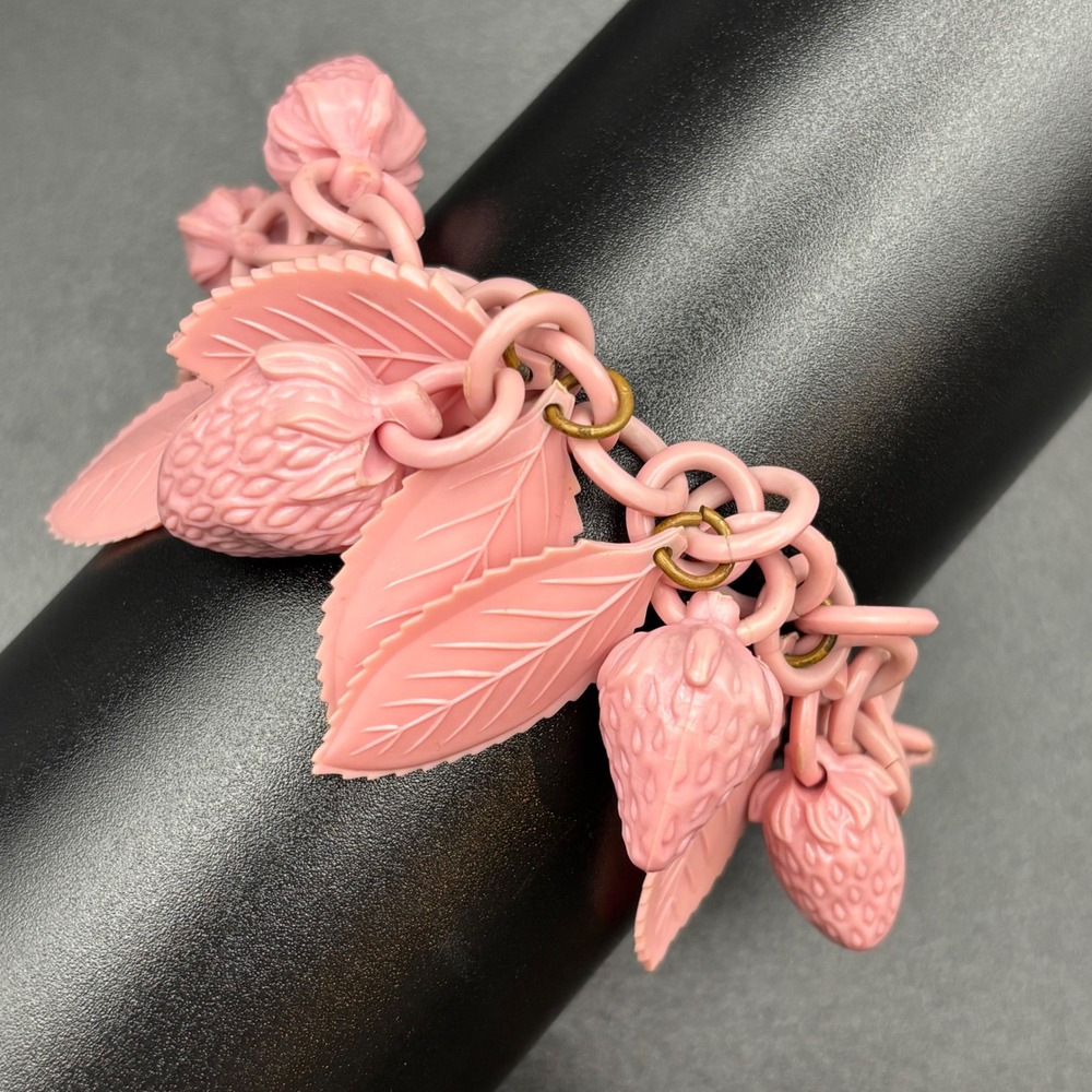 Vintage Celluloid Strawberry Leaf Charm Bracelet Pink 7in